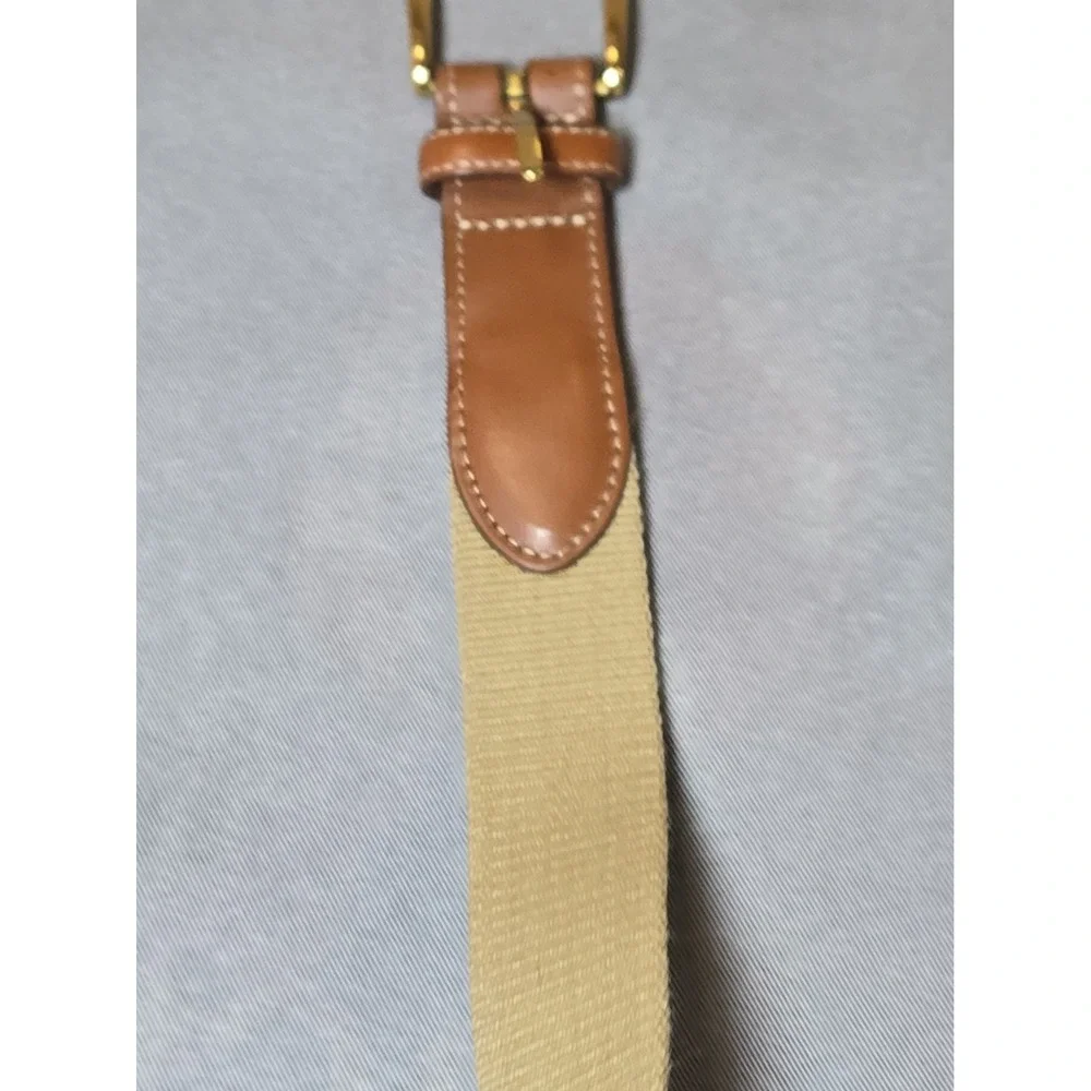 VTG Torino Belt Mens 34 Khaki Canvas Web Brown Leather Brass Buckle Casual 6832